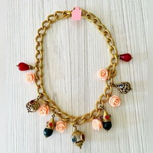 Gold Chain Charm Necklace with Peach Rose and Multicolor Gem Charms
